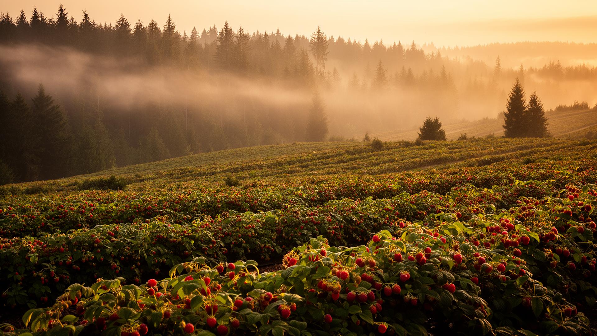 Raspberry farm at golden hour in the Pacific Northwest