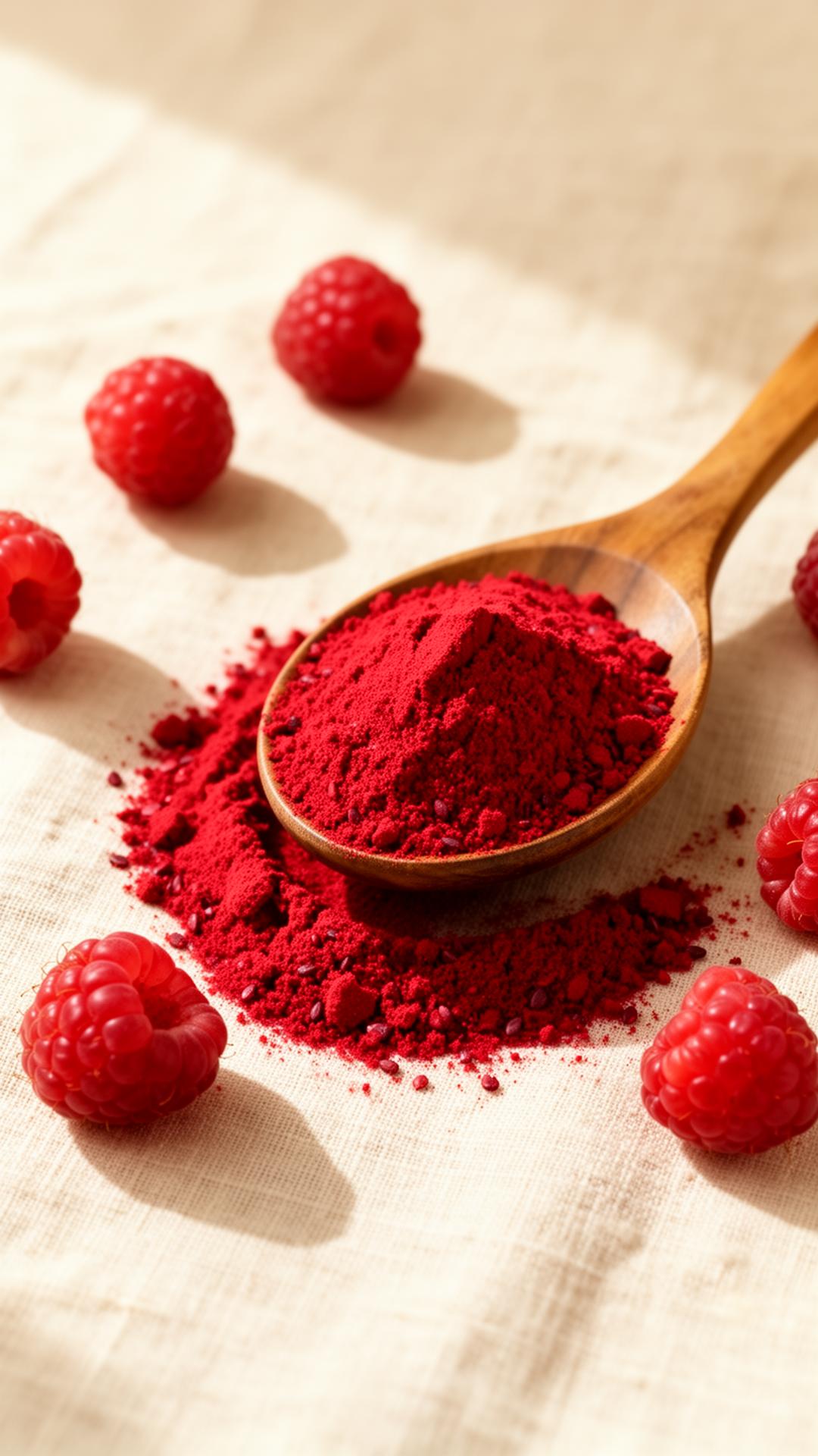 A wooden spoon of vibrant raspberry seed powder